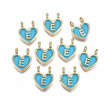 Alloy Enamel Charms, Cadmium Free & Lead Free, Heart with Initial Letters, Light Gold, Deep Sky Blue, Letter.E, 14.5x11.5x4.5mm, Hole: 2mm