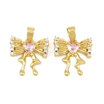 Brass Micro Pave Pink Cubic Zirconia Charms, Bowknot Charms, Real 18K Gold Plated, 14x14x3mm, Hole: 4.5x2.5mm(CU-CBABDE1-09G)
