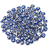 100Pcs CCB Plastic Beads, with Double Side Enamel, Flat Round with Evil Eye, Platinum, 8x5mm, Hole: 1.5mm(FIND-NB0003-11A)