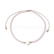 Heart Natural Shell & Glass Seed Braided Bead Bracelets, Adjustable Nylon Bracelet, Lavender Blush, Inner Diameter: 2-1/4~3-1/2 inch(5.7~9cm)(BJEW-JB09922-01)