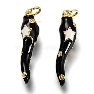 Brass Enamel Pendants, Long-Lasting Plated, Real 18K Gold Plated, Horn of Plenty, Italian Horn Cornicello, Black, 26x6x6mm, Hole: 3.3mm(KK-B026-15G-A)