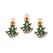Christmas Alloy Enamel Pendants, Cadmium Free & Lead Free, Light Gold, Christmas Tree with Star, Green, 21x14x1.5mm, Hole: 1.8mm(ENAM-Q442-64)