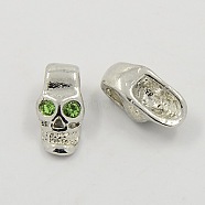 Alloy European Style Beads, for Halloween, with Rhinestone, Platinum Metal Color, Skull, Green Yellow, 16x9.4x8.2mm, Hole: 4mm(X-MPDL-Q003-3)