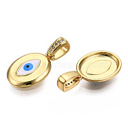 Brass Micro Pave Clear Cubic Zirconia Pendants, with Enamel, Nickel Free, Oval with Evil Eye, Real 18K Gold Plated, White, 20x14x2.5mm, Hole: 3x6mm(KK-N227-141D)