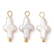 Natural Keshi Pearl Pendants, with Brass Ball Head Pins, Cross Charms, Golden, 19x8~8.5x3.5mm, Hole: 2~2.3mm(PALLOY-JF02823)