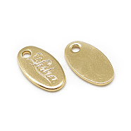 Brass Charms, Oval with Word, Real 18K Gold Plated, 10.5x6x1mm, Hole: 1mm(KK-N200-040)