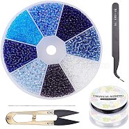 DIY Jewelry Kits, with FGB 8/0 Transparent Glass Seed Beads, Stainless Steel Big Eye Beading Needles, Sharp Steel Scissors and Elastic Crystal Thread, Blue, 108.5x28mm(DIY-GA0001-20)