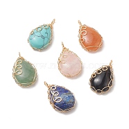 6Pcs Natural & Synthetic Mixed Gemstone Copper Wire Wrapped Pendants, Teardrop Charms, Golden, Mixed Dyed and Undyed, 33x20x19mm, Hole: 3.5x3mm(PALLOY-JF02017)