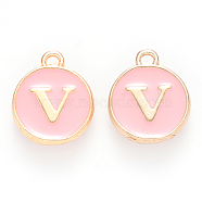 Golden Plated Alloy Enamel Charms, Cadmium Free & Lead Free, Enamelled Sequins, Flat Round with Letter, Pink, Letter.V, 14x12x2mm, Hole: 1.5mm(ENAM-S118-07V)