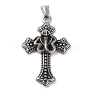 316 Surgical Stainless Steel Big Pendants, Cross with Snake Charms, Antique Silver, 60.5x38.5x12.5mm, Hole: 9x4mm(STAS-Z073-53AS-01)