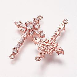 Brass Micro Pave Cubic Zirconia Links, Cross, Rose Gold, 34x20x4mm, Hole: 1mm(ZIRC-E113-06RG)