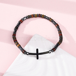 Bohemia Column Natural Picture Jasper Bead Stretch Bracelets, Stainless Steel Cross Link Bracelets for Women Men, with Synthetic Hematite, Inner Diameter: 2-1/4 inch(5.75cm)(BJEW-F493-02EB)