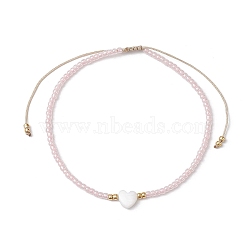 Heart Natural Shell & Glass Seed Braided Bead Bracelets, Adjustable Nylon Bracelet, Lavender Blush, Inner Diameter: 2-1/4~3-1/2 inch(5.7~9cm)(BJEW-JB09922-01)