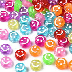 Transparent Acrylic Beads, Flat Round with Enamel Smiling Face, Mixed Color, 7x4mm, Hole: 1.6mm, about 4150pcs/500g(TACR-S135-001A-01)