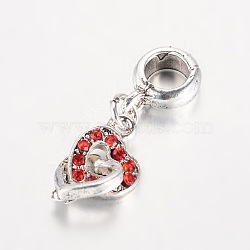 Heart Antique Silver Plated Alloy Rhinestone European Dangle Charms Large Hole Pendants, Hyacinth, 27x9x4.5mm, Hole: 5mm(MPDL-K014-05)