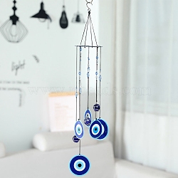 Printed Iron Wind Chime, with Glass Beads, for Outdoor Garden Home Hanging Decoration, Evil Eye, 580mm(PW-WG36526-01)