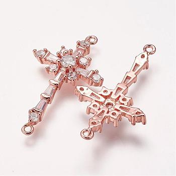 Brass Micro Pave Cubic Zirconia Links, Cross, Rose Gold, 34x20x4mm, Hole: 1mm