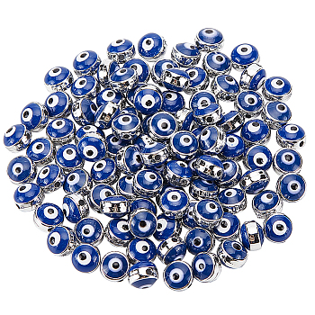 100Pcs CCB Plastic Beads, with Double Side Enamel, Flat Round with Evil Eye, Platinum, 8x5mm, Hole: 1.5mm