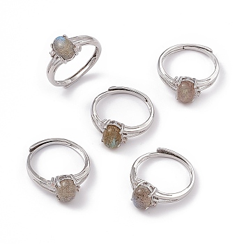 Oval Natural Labradorite Adjustable Rings, Platinum Tone Brass Jewelry for Men Women, 2~8mm, Inner Diameter: 17mm