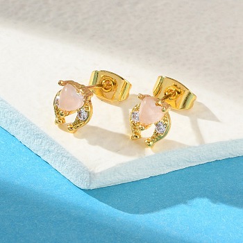 Brass Micro Pave Cubic Zirconia Stud Earrings For Women, with Resin Heart & Horseshoe, Real 18K Gold Plated, 7.5x6.5mm