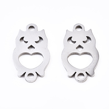 201 Stainless Steel Link Connectors, Laser Cut, Owl, Stainless Steel Color, 17x9.5x1mm, Hole: 1.5mm