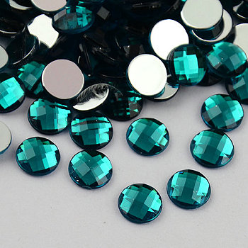 Taiwan Acrylic Rhinestone Cabochons, Flat Back and Faceted, Half Round/Dome, Teal, 20x6mm