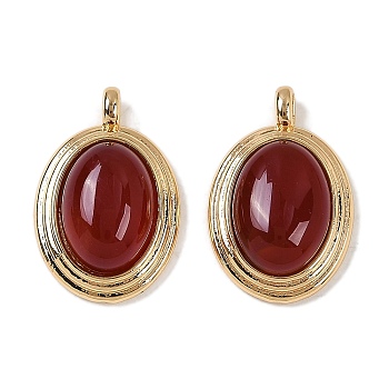 Natural Carnelian(Dyed & Heated) Pendants, Brass Oval Charms, Real 18K Gold Plated, 23x15.5x6.5mm, Hole: 2.5mm