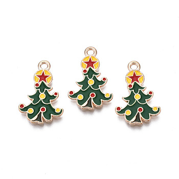 Christmas Alloy Enamel Pendants, Cadmium Free & Lead Free, Light Gold, Christmas Tree with Star, Green, 21x14x1.5mm, Hole: 1.8mm