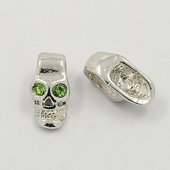 Alloy European Style Beads, for Halloween, with Rhinestone, Platinum Metal Color, Skull, Green Yellow, 16x9.4x8.2mm, Hole: 4mm