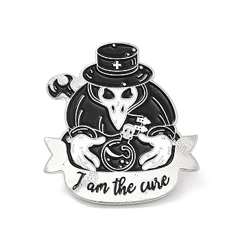 Plague Doctor Enamel Pin, Platinum Alloy Word I Am The Cure Brooch for Clothes Backpack, Bird Pattern, 30.5x28.5x1.5mm