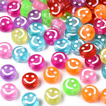 Transparent Acrylic Beads, Flat Round with Enamel Smiling Face, Mixed Color, 7x4mm, Hole: 1.6mm, about 4150pcs/500g