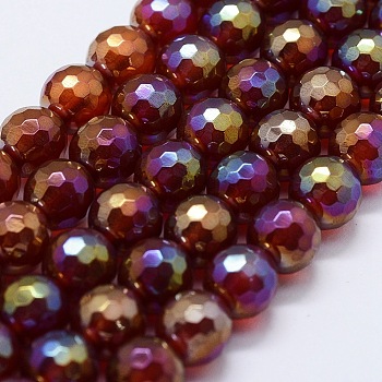 Electroplated Natural Agate Beads Strands, Dyed & Heated, Round, Faceted, Red, 8mm, Hole: 1.5mm, about 47pcs/strand, 14.9 inch(38cm)