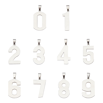 10Pcs 10 Style 201 Stainless Steel Pendants, Laser Cut, Number 0~9, Stainless Steel Color, 32~36.5x11~21x1.5mm, Hole: 4.5x5mm, 1pc/style