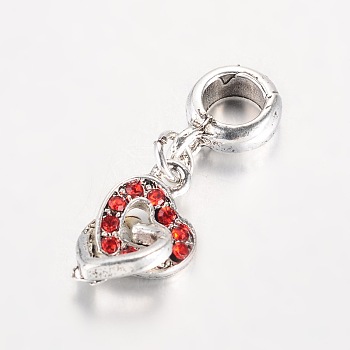 Heart Antique Silver Plated Alloy Rhinestone European Dangle Charms Large Hole Pendants, Hyacinth, 27x9x4.5mm, Hole: 5mm