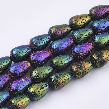 Electroplated Natural Lava Rock Beads Strands, Bumpy, Teardrop, Multi-color Plated, 11~12x7.5~8mm, Hole: 1mm, about 33pcs/strand, 15.1 inch