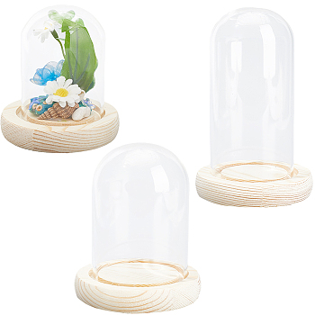 3 Style Glass Cover, Decorative Display Case, Cloche Bell Jar Terrarium with Wood Base, Cornsilk, 85x93~130mm