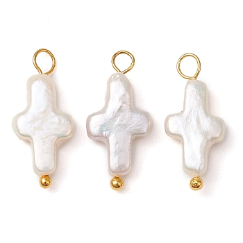 Natural Keshi Pearl Pendants, with Brass Ball Head Pins, Cross Charms, Golden, 19x8~8.5x3.5mm, Hole: 2~2.3mm