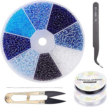 DIY Jewelry Kits, with FGB 8/0 Transparent Glass Seed Beads, Stainless Steel Big Eye Beading Needles, Sharp Steel Scissors and Elastic Crystal Thread, Blue, 108.5x28mm