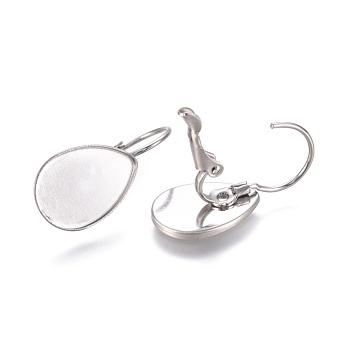 304 Stainless Steel Leverback Earring Findings, Cabochon Settings, Teardrop, Stainless Steel Color, Tray: 14x9.2mm, 22.5mm, Pin: 0.9mm