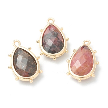 Natural Rhodochrosite Pendants, with Golden Brass Edge, Faceted, Teardrop, 22.5x14x5.5mm, Hole: 1.6mm