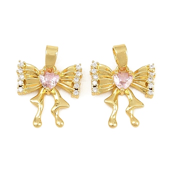 Brass Micro Pave Pink Cubic Zirconia Charms, Bowknot Charms, Real 18K Gold Plated, 14x14x3mm, Hole: 4.5x2.5mm