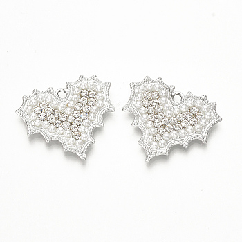 Alloy Rhinestone Pendants, with ABS Plastic Imitation Pearl Beads, Heart, Nickel Free, Platinum, 26x29x3.5mm, Hole: 2mm