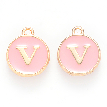 Golden Plated Alloy Enamel Charms, Cadmium Free & Lead Free, Enamelled Sequins, Flat Round with Letter, Pink, Letter.V, 14x12x2mm, Hole: 1.5mm