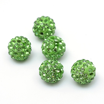 Polymer Clay Pave Rhinestone Beads, Disco Ball Beads, Peridot, PP13(1.9~2mm), 6 Rows Rhinestone, 10mm, Hole: 1.5mm