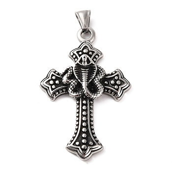 316 Surgical Stainless Steel Big Pendants, Cross with Snake Charms, Antique Silver, 60.5x38.5x12.5mm, Hole: 9x4mm