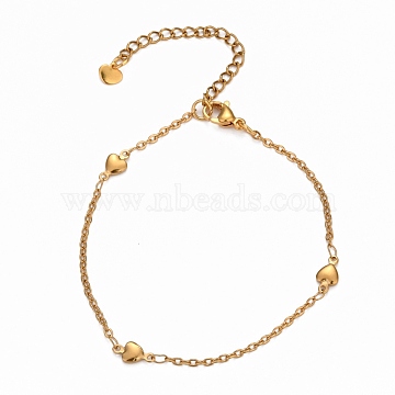304 Stainless Steel Cable Chain Anklets, with Heart Links and Lobster Claw Clasps, Golden, 8-5/8 inches(21.8cm)(AJEW-H104-11G)