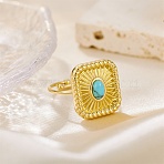 304 Stainless Steel Cuff Open Rings, Square, with Turquoise, Golden, 18mm(RJEW-D352-02G-03)