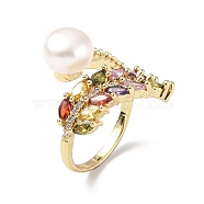 Colorful Cubic Zirconia Wheat with Natural Pearl Open Cuff Ring, Rack Plating Brass Jewelry for Women, Golden, US Size 6 3/4(17.1mm)(RJEW-F134-04G)