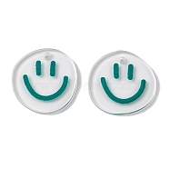 Transparent Printed Acrylic Pendants, Flat Round with Smiling Face Charm, Teal, 20.5~21x20~21x2mm, Hole: 1.6mm(TACR-P005-01B)