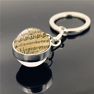 Alloy Pendant Keychain, Musical Theme Glass Ball Keychains , Musical Note Pattern, 8cm(MUSI-PW0001-36G)